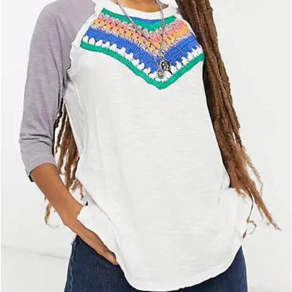 Free People we the free Spring Bound Crochet Yoke raglan Top sz Small